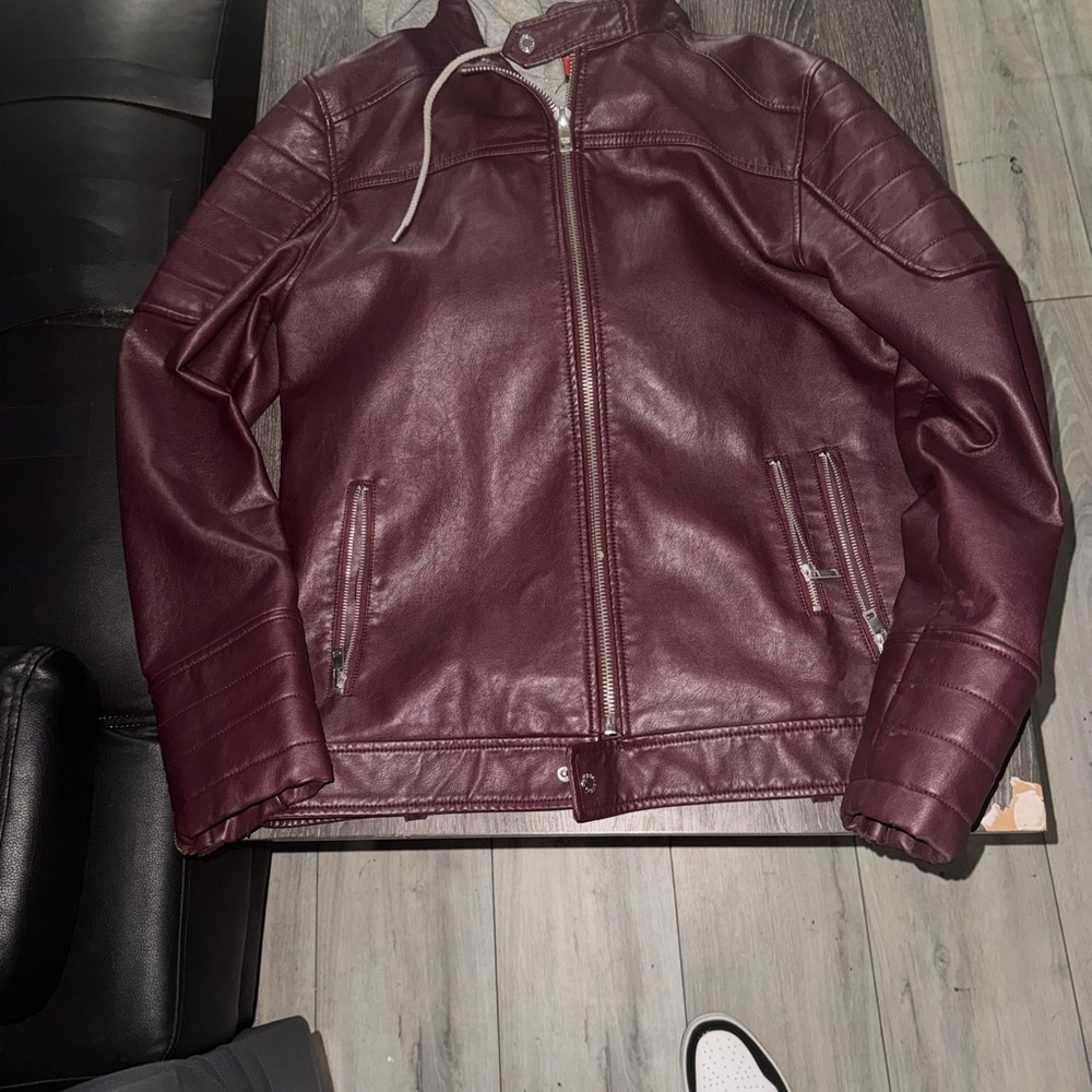 Guess Men's Burgundy Leather Jacket